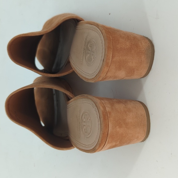 Tory Burch Salinas Mule Suede Leather Open Toe Block Heel Sandals Tan size 8.5 - Picture 4 of 13